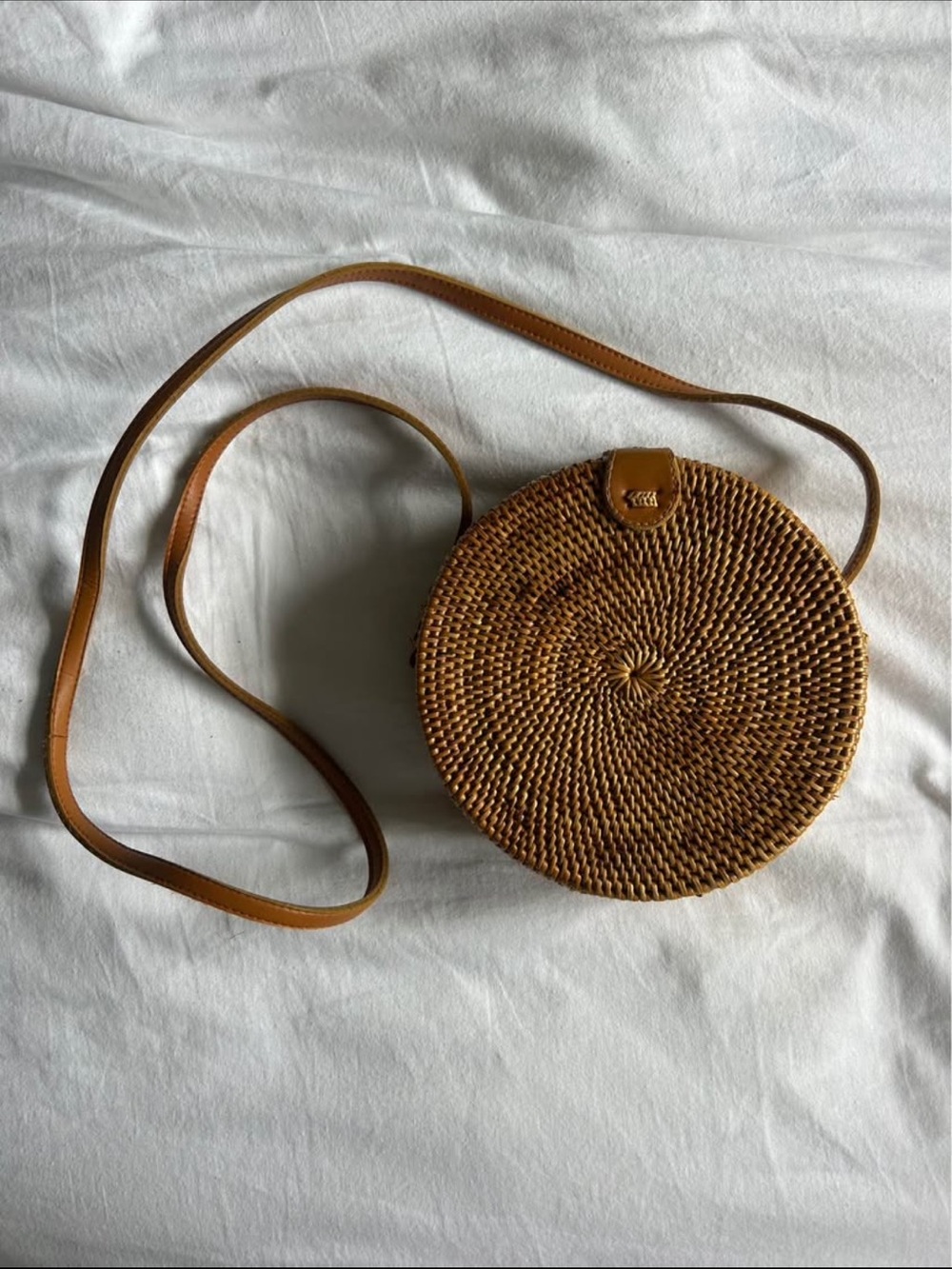 Round Woven Crossbody Bag with Leather Trim in Tan